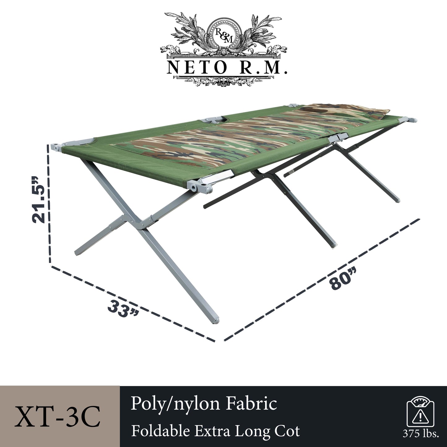 Extra-Large Heavy Duty Army-Style Folding Cot with Built-In Foam Pad – 33” x 80” Steel Frame