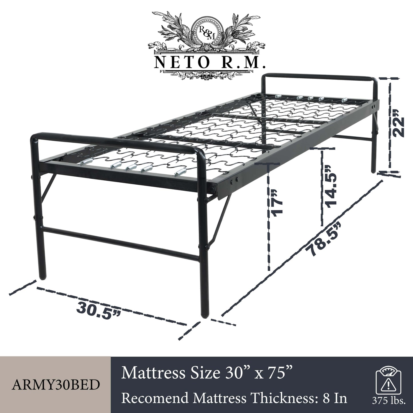 "Good Oldy" Black Army-Style Steel Bed with Retractable Legs