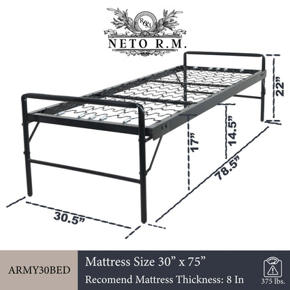 "Good Oldy" Black Army-Style Steel Bed with Retractable Legs