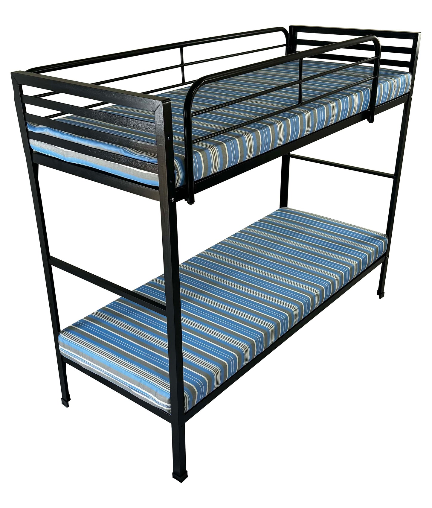 Black Angled Steel Camp Bunk Bed with Mattresses — Heavy-Duty Powder-Coated Frame