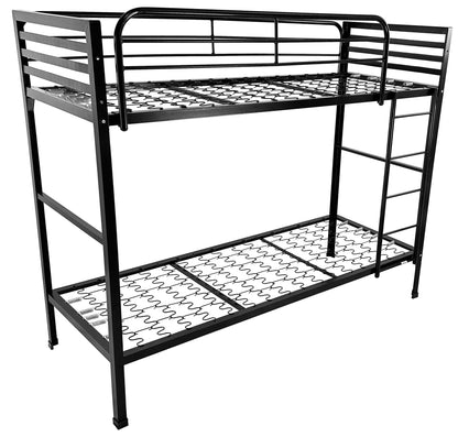 Black Angled Steel Camp Bunk Bed with Mattresses — Heavy-Duty Powder-Coated Frame