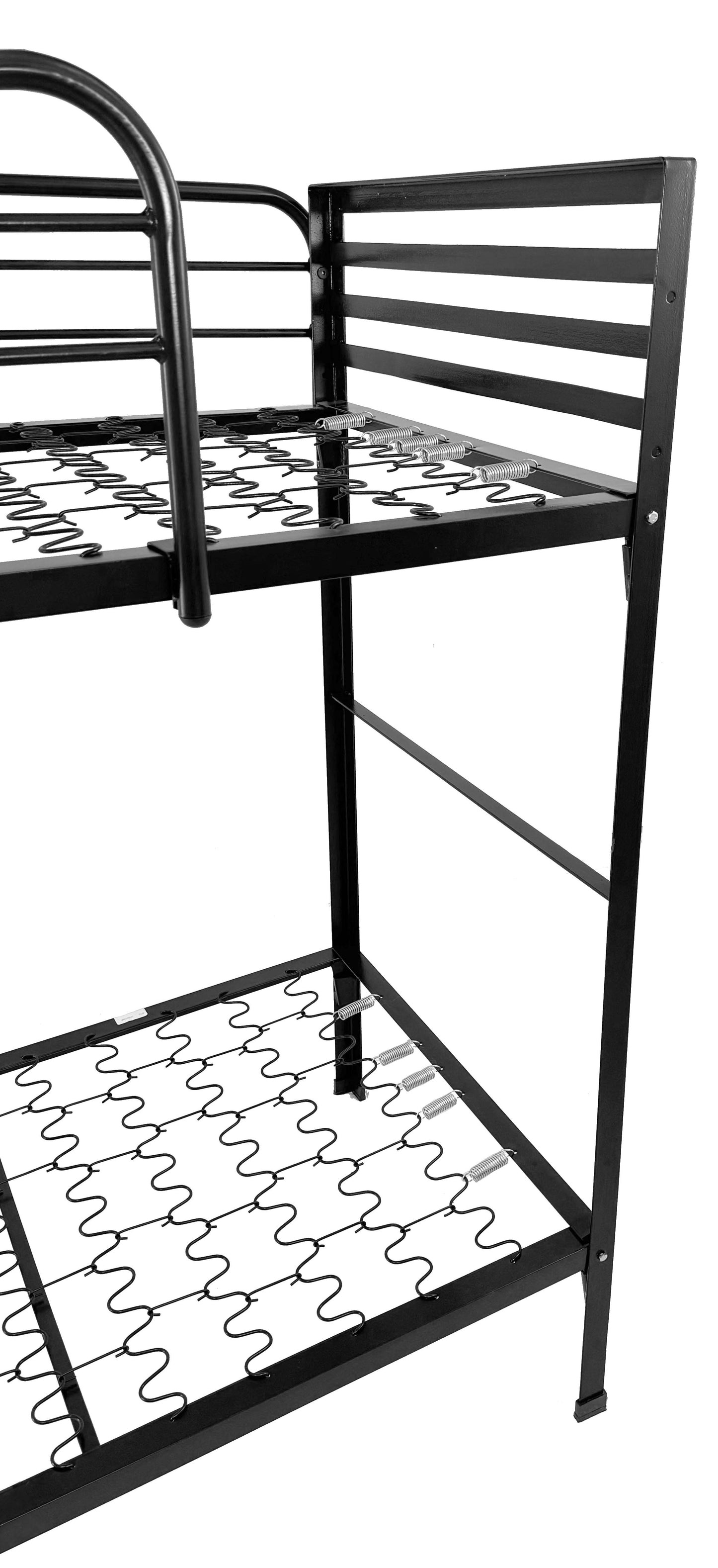 Black Angled Steel Camp Bunk Bed with Mattresses — Heavy-Duty Powder-Coated Frame