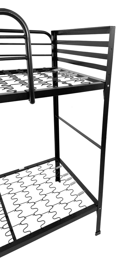 Black Angled Steel Camp Bunk Bed with Mattresses — Heavy-Duty Powder-Coated Frame