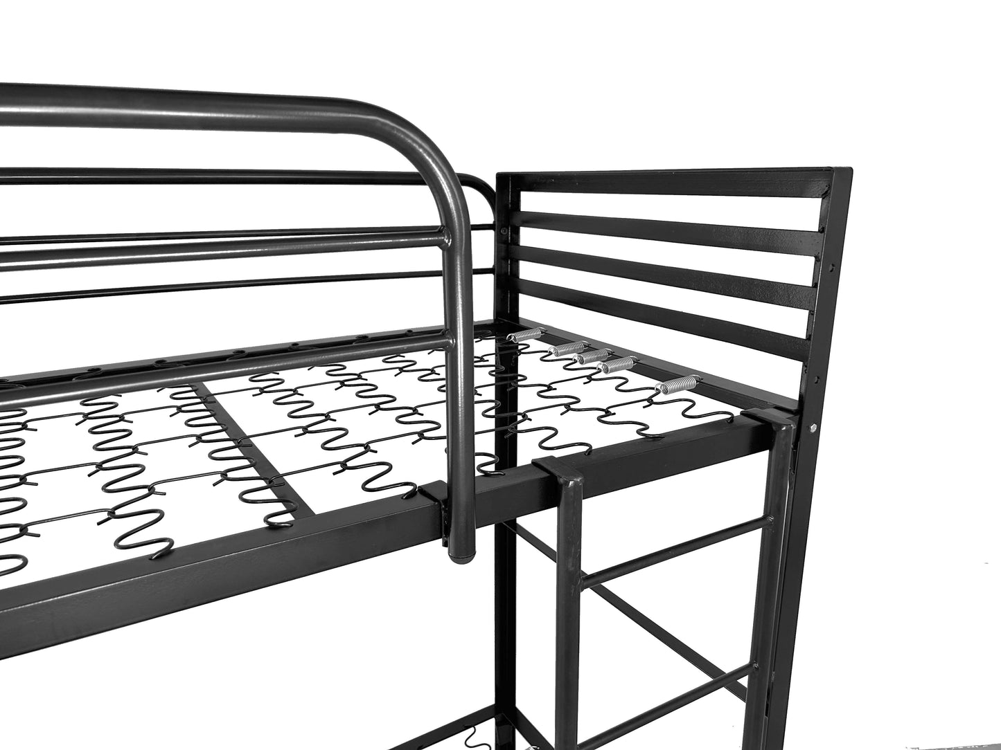 Black Angled Steel Camp Bunk Bed with Mattresses — Heavy-Duty Powder-Coated Frame