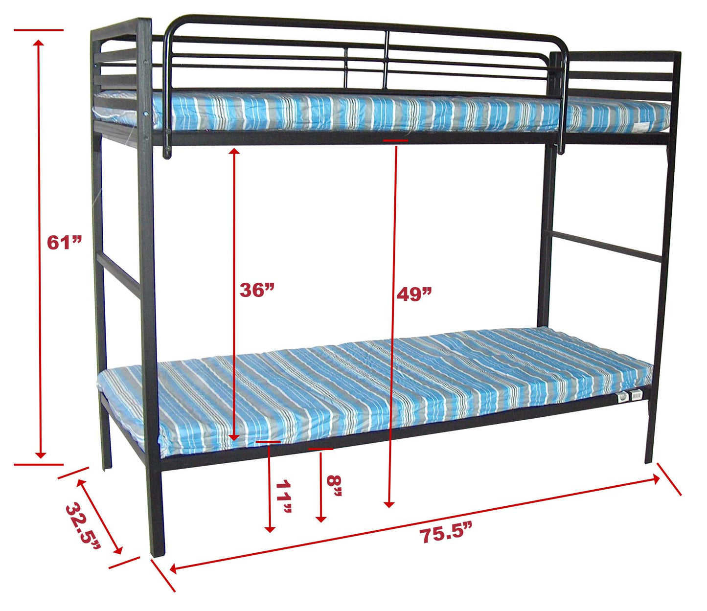 Black Angled Steel Camp Bunk Bed with Mattresses — Heavy-Duty Powder-Coated Frame