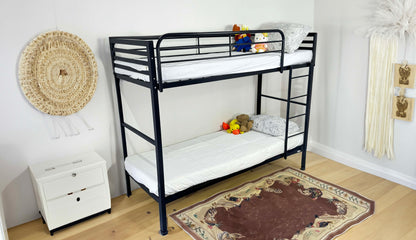 Black Angled Steel Camp Bunk Bed with Mattresses — Heavy-Duty Powder-Coated Frame