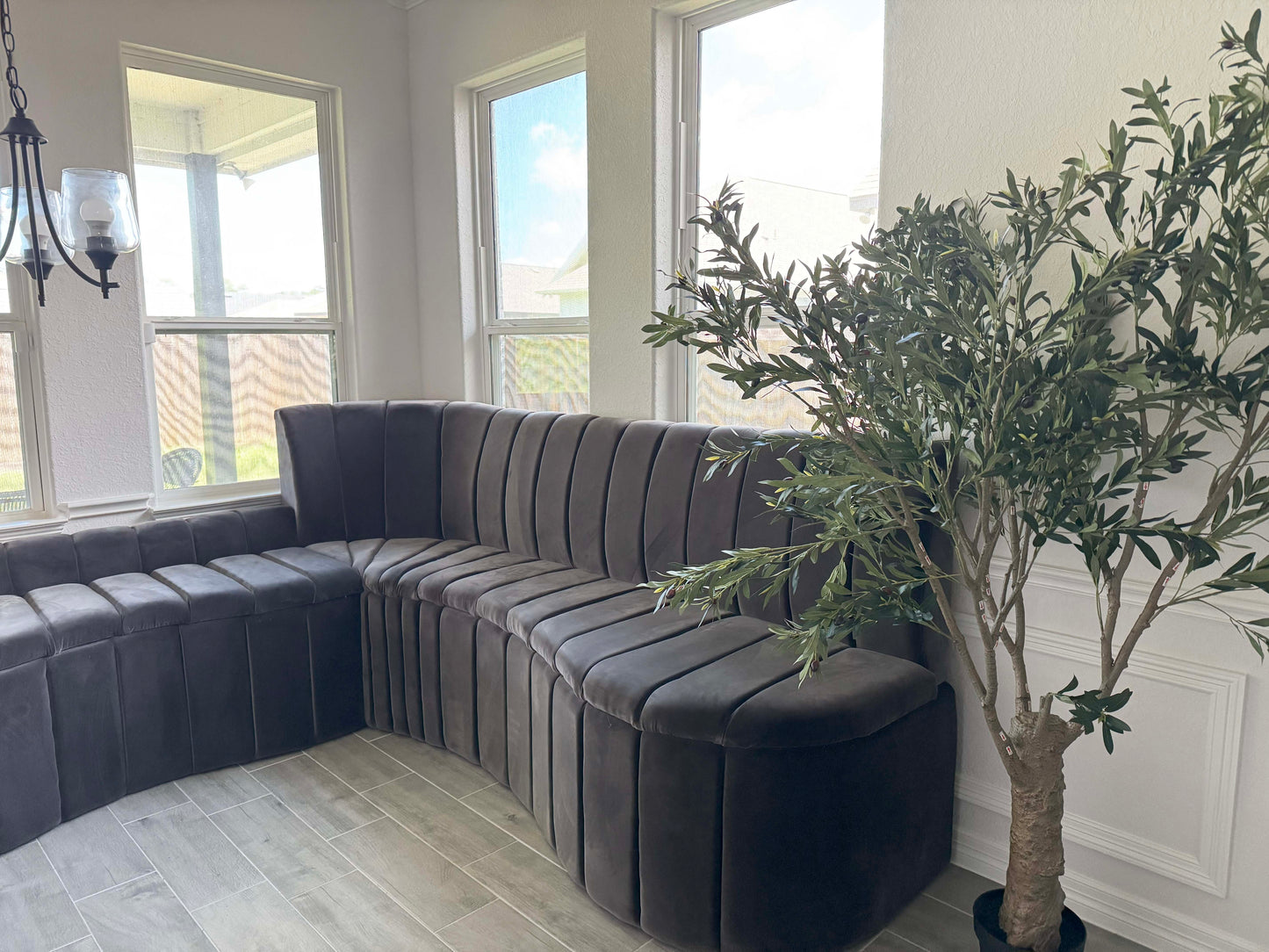 Extra-Long Two-Piece Curved Sectional Sofa – Silky Suede Fabric, Channel-Tufted Design